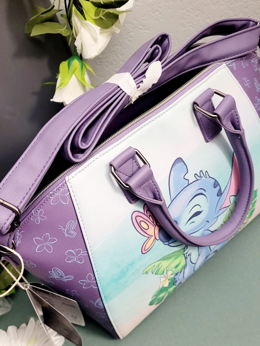 Disney Purple Stitch Floral Print Tote Bag with Pastel Front Art